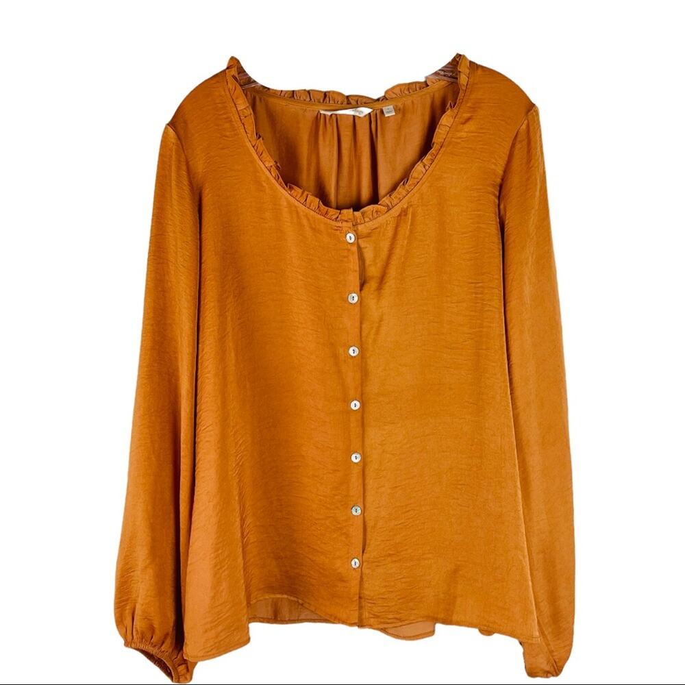 Soft Surroundings orange ruffle button front boho satin office top large